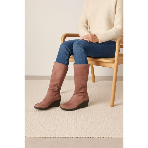 Keen Akita Wedge Slouchy Boots Mid Calf Pull On Mauve Leather Women's 6.5 - Picture 1 of 8